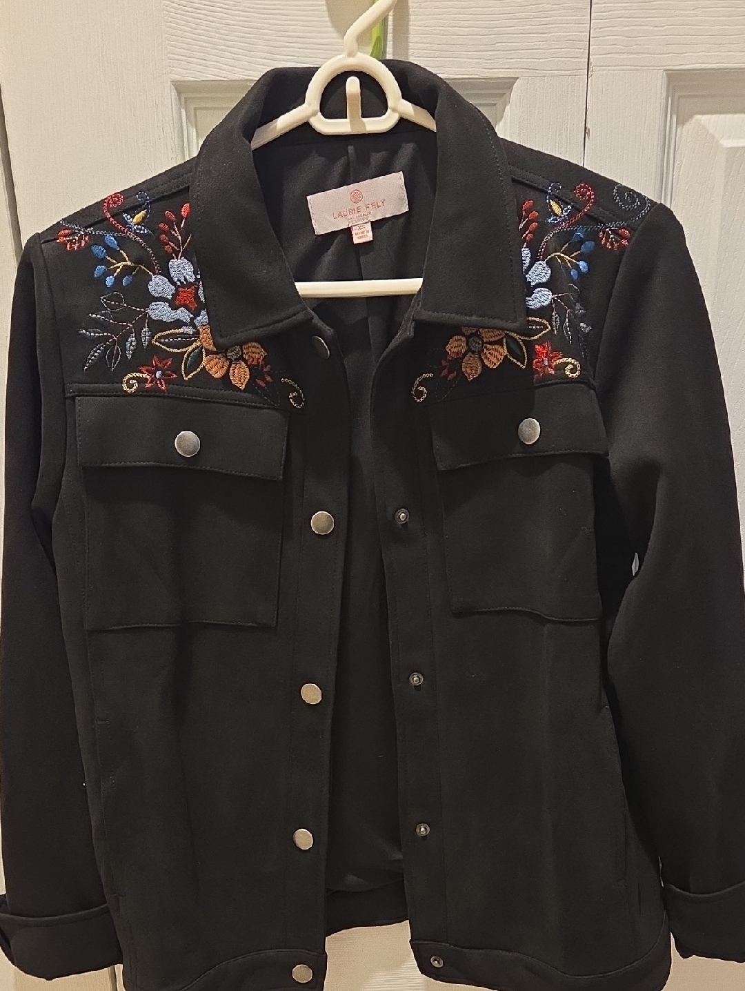 Laurie Felt Black Jean Jacket With Multicolor Floral Embroidery